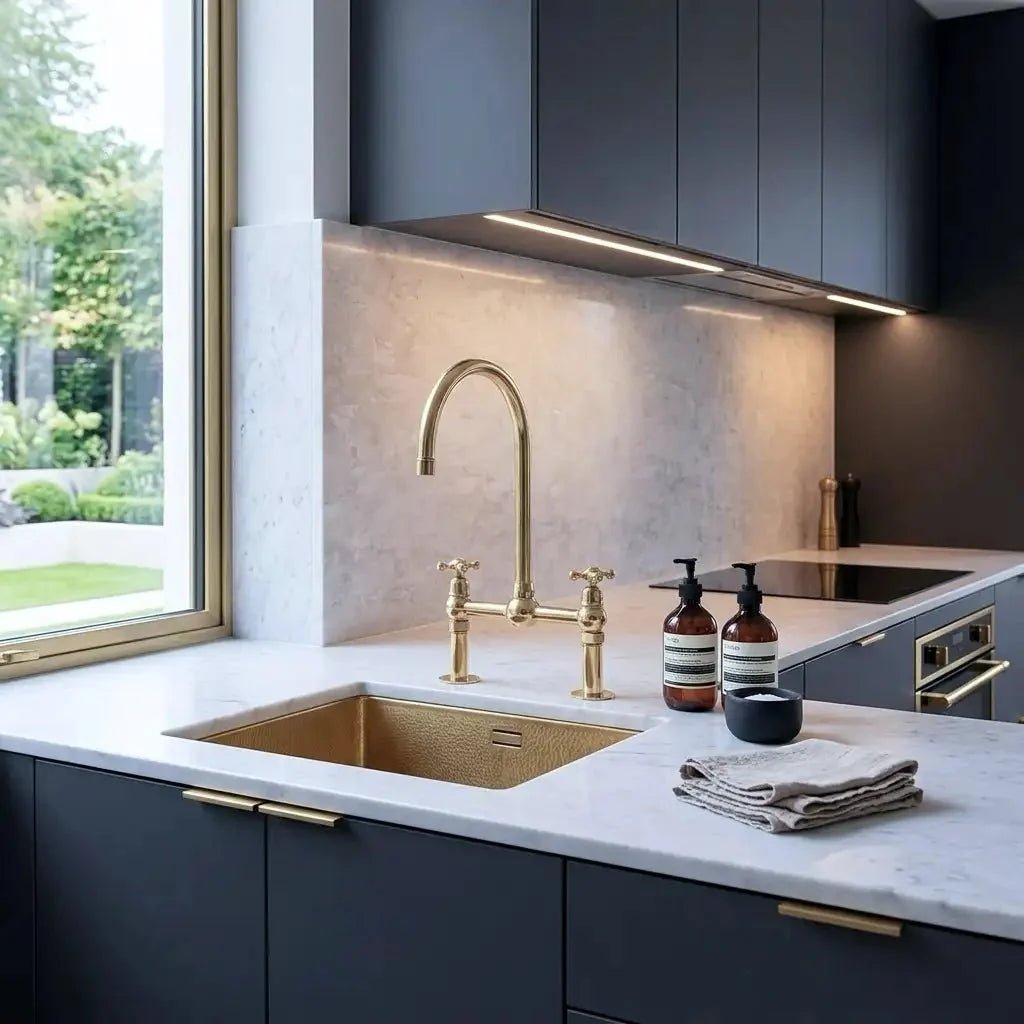 Unlacquered Solid Brass Bridge Faucet, Vintage Kitchen Sink Tap - BRASSDORIA