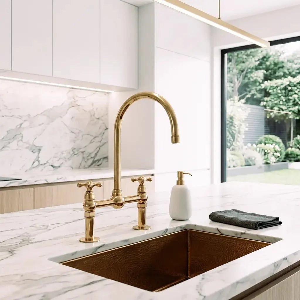 Unlacquered Solid Brass Bridge Faucet, Vintage Kitchen Sink Tap - BRASSDORIA