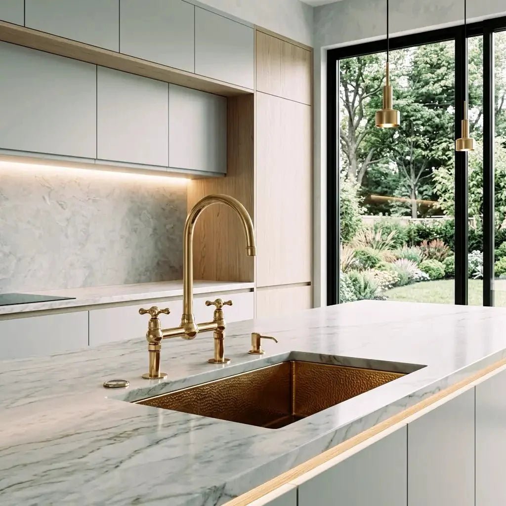 Unlacquered Solid Brass Bridge Faucet, Vintage Kitchen Sink Tap - BRASSDORIA