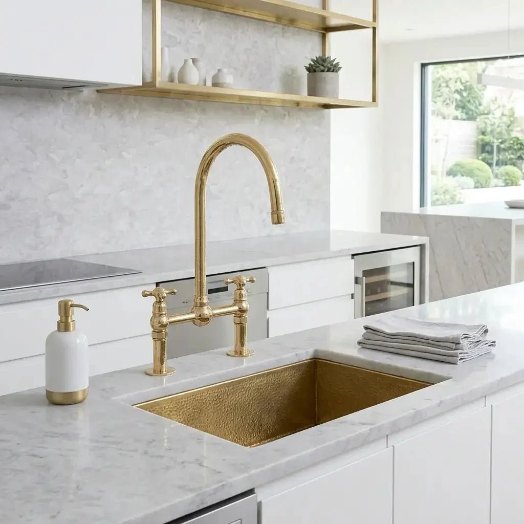 Unlacquered Solid Brass Bridge Faucet, Vintage Kitchen Sink Tap - BRASSDORIA