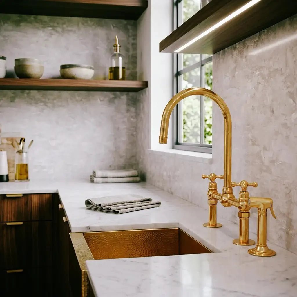 Unlacquered Solid Brass Bridge Faucet, Vintage Kitchen Sink Tap - BRASSDORIA
