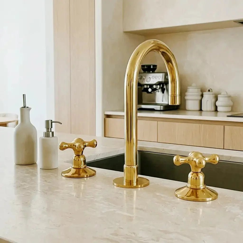 Unlacquered Solid Brass Deck Mounted Faucet - Brass 3 Hole Widespread Bathroom Tap - BRASSDORIA