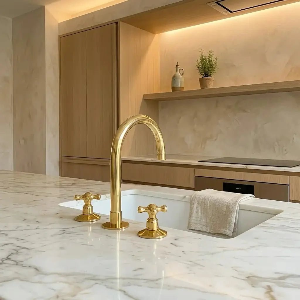 Unlacquered Solid Brass Deck Mounted Faucet - Brass 3 Hole Widespread Bathroom Tap - BRASSDORIA