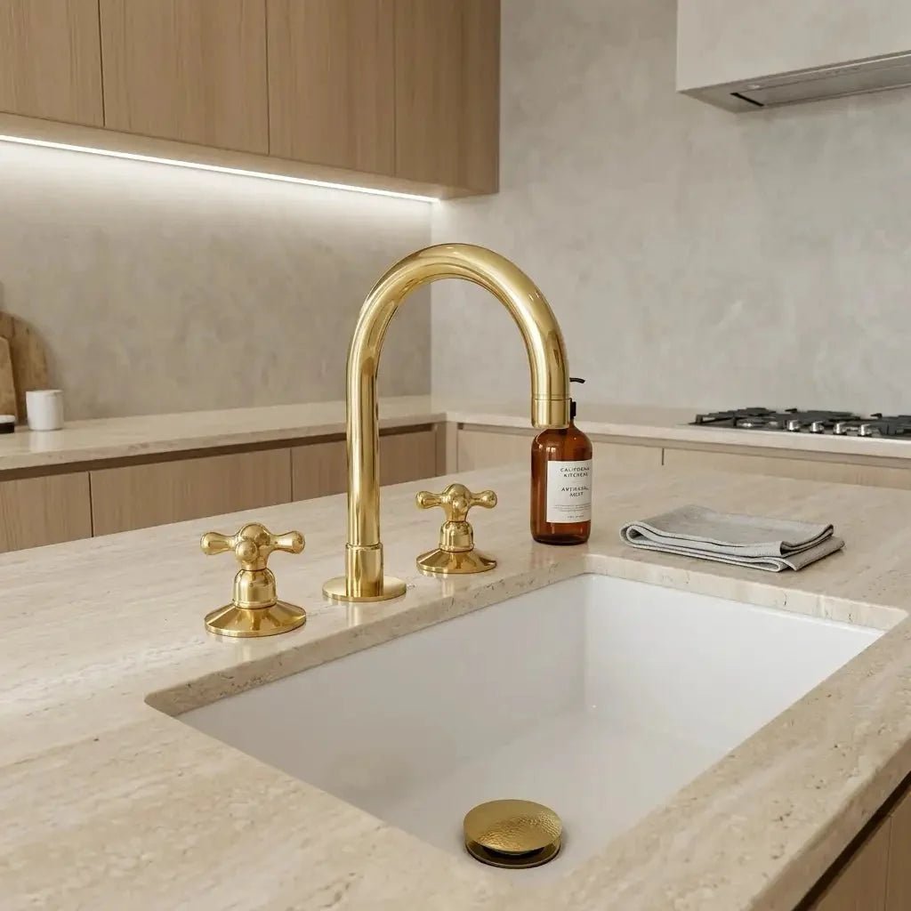 Unlacquered Solid Brass Deck Mounted Faucet - Brass 3 Hole Widespread Bathroom Tap - BRASSDORIA