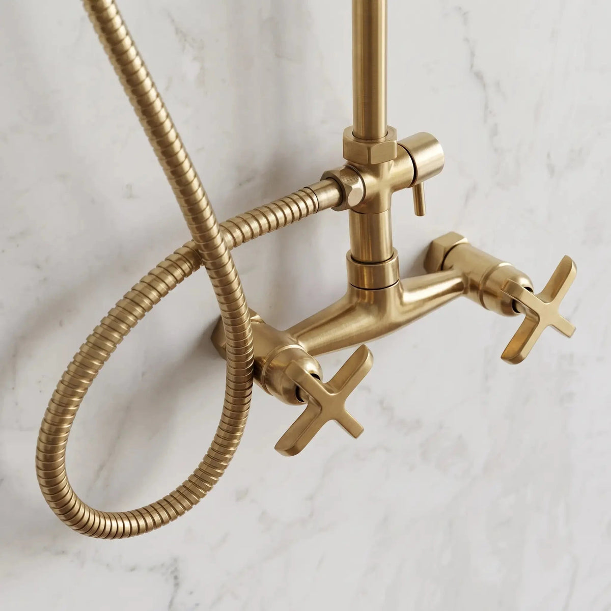 Unlacquered Solid Brass Exposed Shower System with Handheld and Curved Arm Shower - BRASSDORIA
