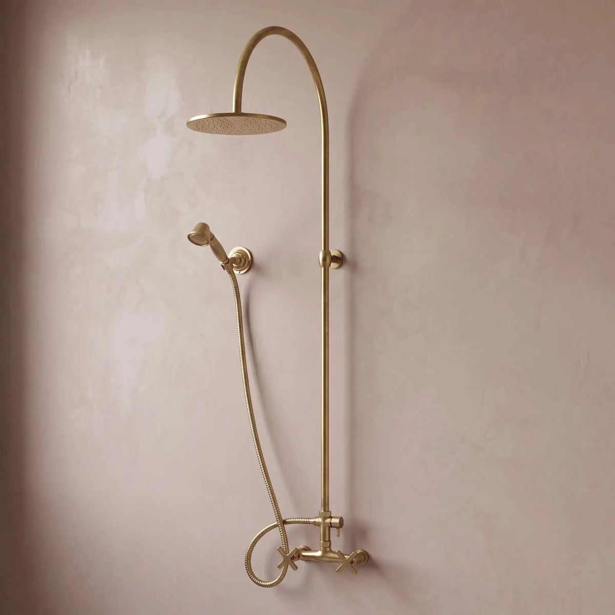 Unlacquered Solid Brass Exposed Shower System with Handheld and Curved Arm Shower - BRASSDORIA