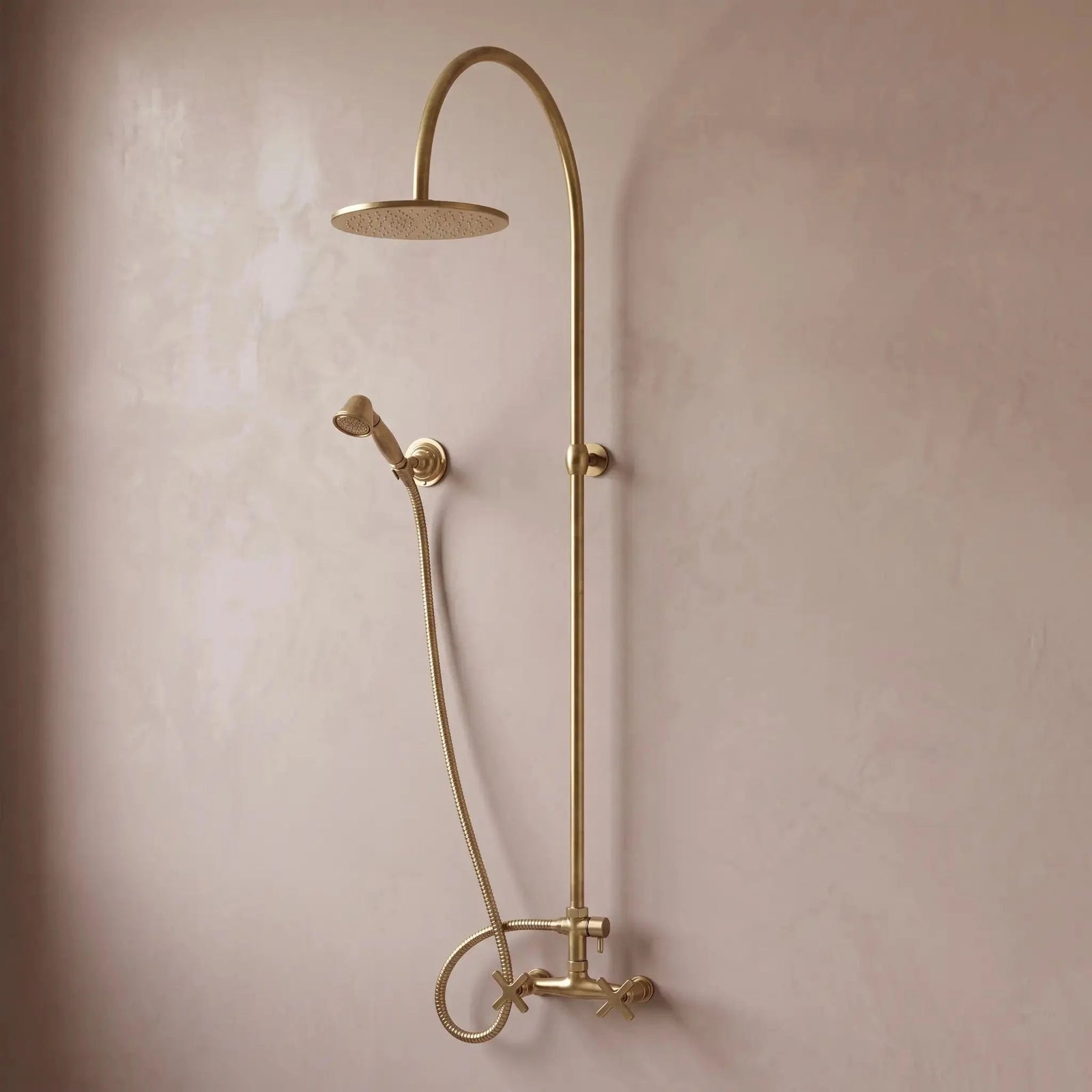 Unlacquered Solid Brass Exposed Shower System with Handheld and Curved Arm Shower - BRASSDORIA