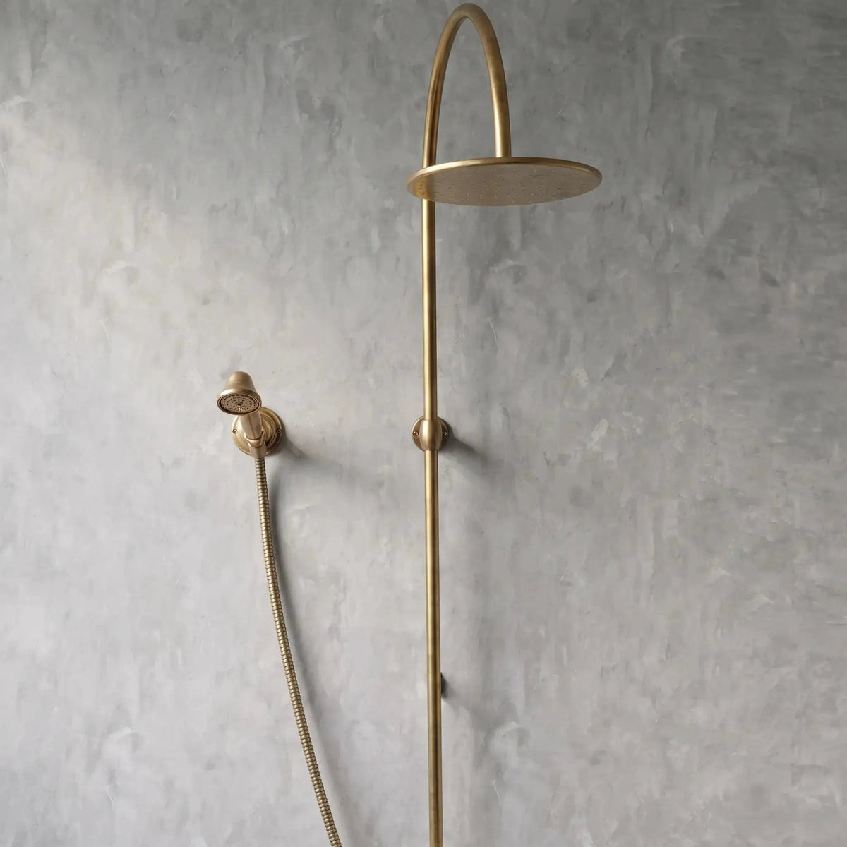 Unlacquered Solid Brass Exposed Shower System with Handheld and Curved Arm Shower - BRASSDORIA