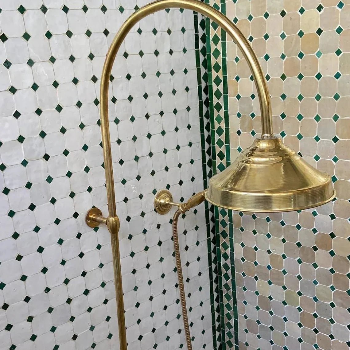 Unlacquered Solid Brass Exposed Shower System with Handheld and Curved Shower Arm - BRASSDORIA
