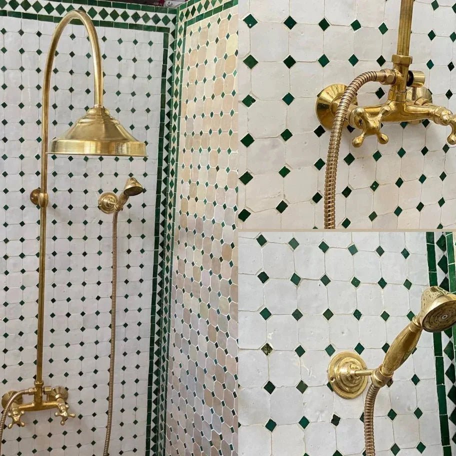 Unlacquered Solid Brass Exposed Shower System with Handheld and Curved Shower Arm - BRASSDORIA