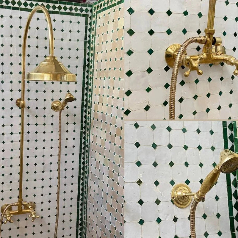 Unlacquered Solid Brass Exposed Shower System with Handheld and Curved Shower Arm - BRASSDORIA