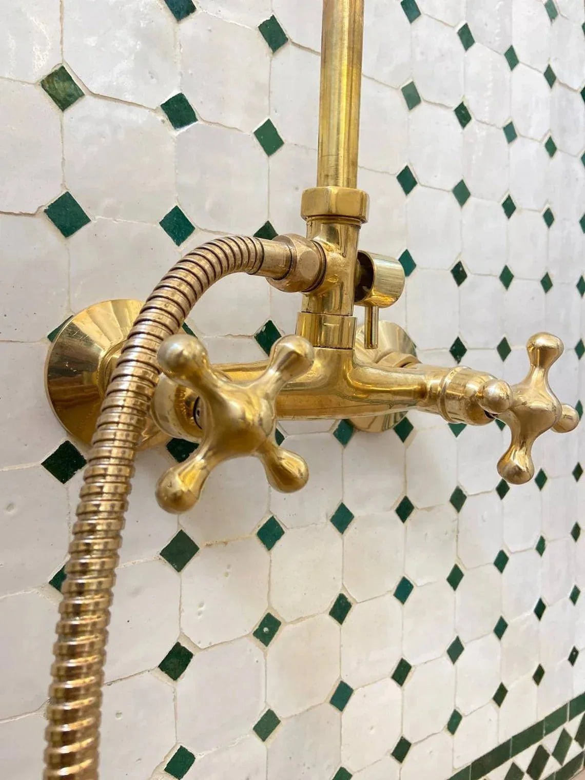 Unlacquered Solid Brass Exposed Shower System with Handheld and Curved Shower Arm - BRASSDORIA