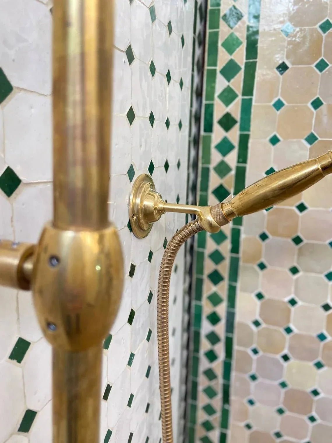 Unlacquered Solid Brass Exposed Shower System with Handheld and Curved Shower Arm - BRASSDORIA