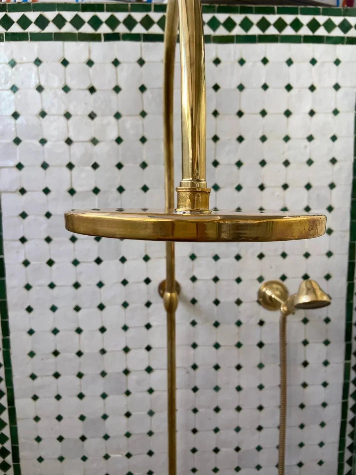 Unlacquered Solid Brass Exposed Shower System with Handheld and Curved Shower Arm - BRASSDORIA