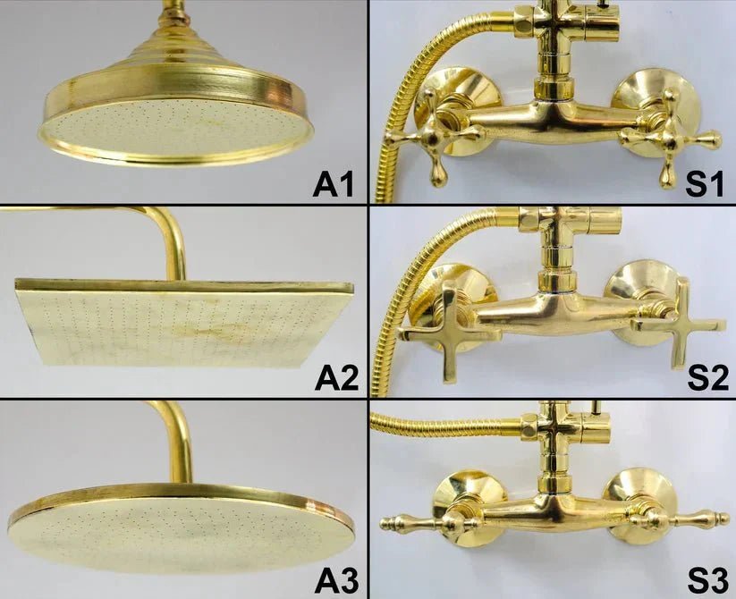 Unlacquered Solid Brass Exposed Shower System with Handheld and Curved Shower Arm - BRASSDORIA