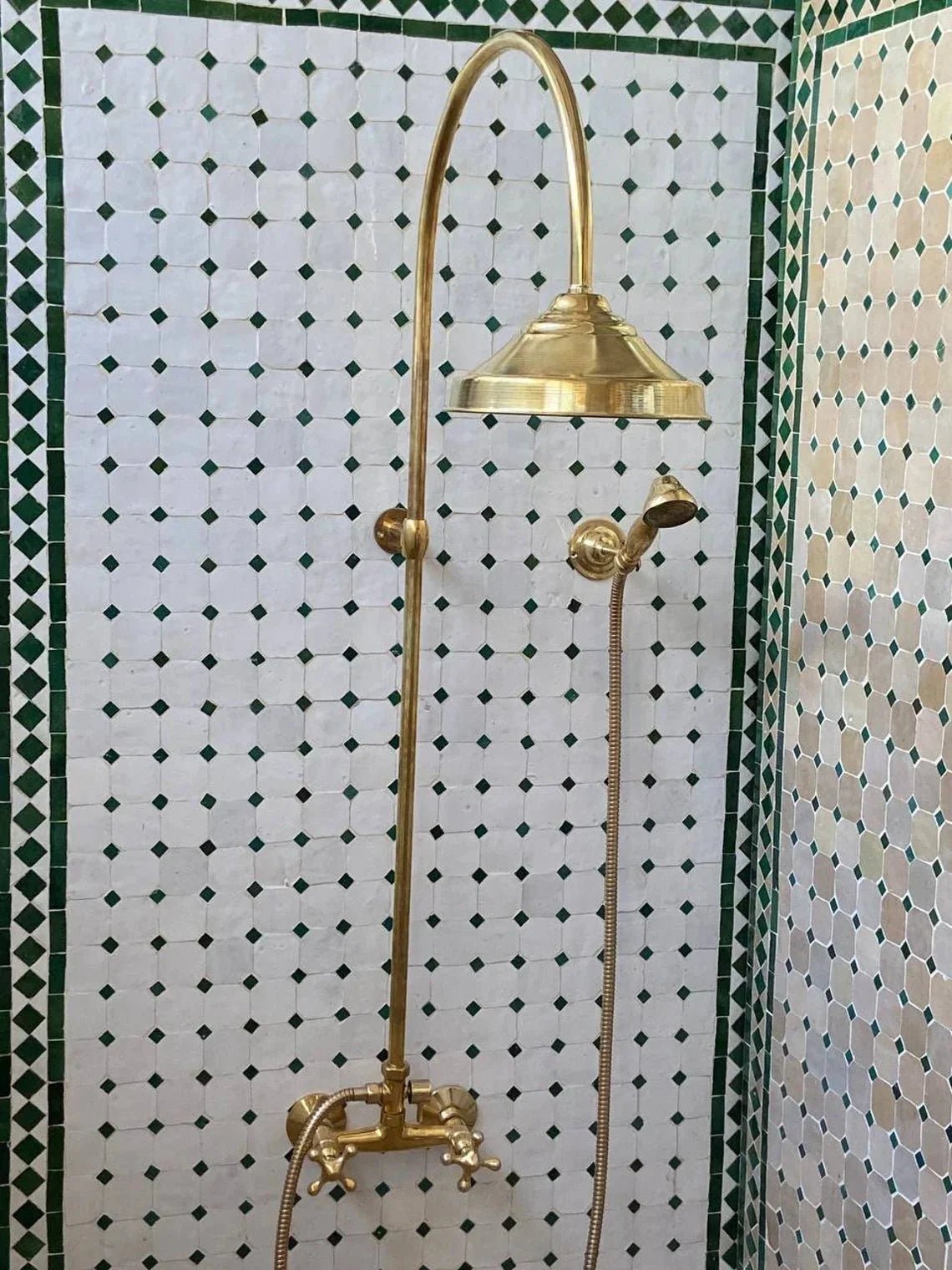 Unlacquered Solid Brass Exposed Shower System with Handheld and Curved Shower Arm - BRASSDORIA