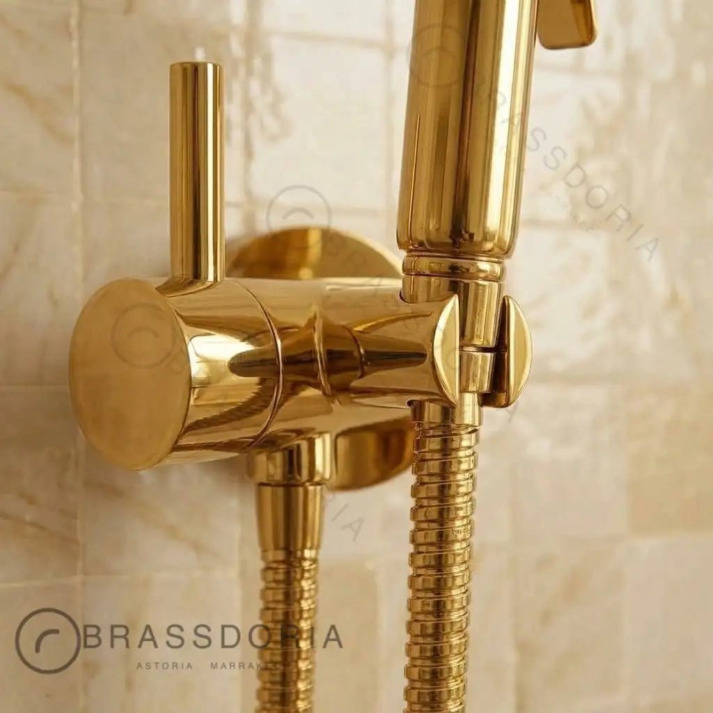 Unlacquered Solid Brass Handheld Bidet Sprayer - Luxury Hot & Cold Vintage Shattaf Set - BRASSDORIA