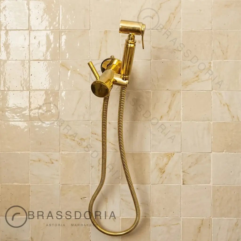 Unlacquered Solid Brass Handheld Bidet Sprayer - Luxury Hot & Cold Vintage Shattaf Set - BRASSDORIA
