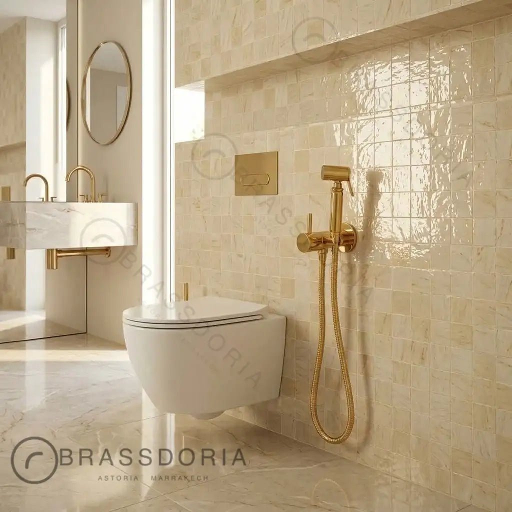 Unlacquered Solid Brass Handheld Bidet Sprayer - Luxury Hot & Cold Vintage Shattaf Set - BRASSDORIA