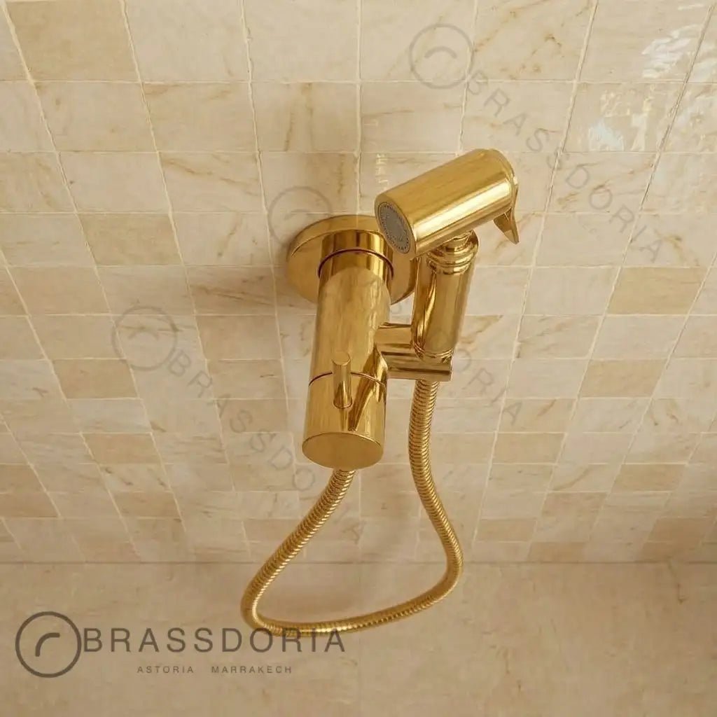 Unlacquered Solid Brass Handheld Bidet Sprayer - Luxury Hot & Cold Vintage Shattaf Set - BRASSDORIA