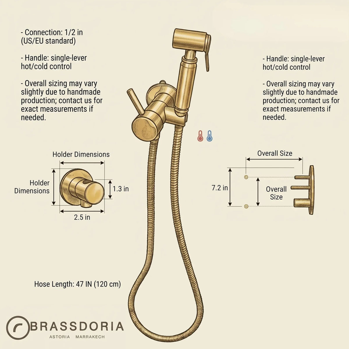 Unlacquered Solid Brass Handheld Bidet Sprayer - Luxury Hot & Cold Vintage Shattaf Set - BRASSDORIA