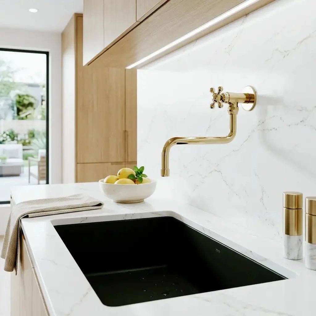 Unlacquered Solid Brass Pot Filler Faucet - Wall Mounted Kitchen Stove Pot - BRASSDORIA