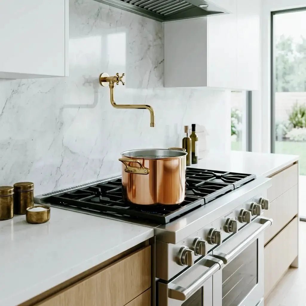 Unlacquered Solid Brass Pot Filler Faucet - Wall Mounted Kitchen Stove Pot - BRASSDORIA