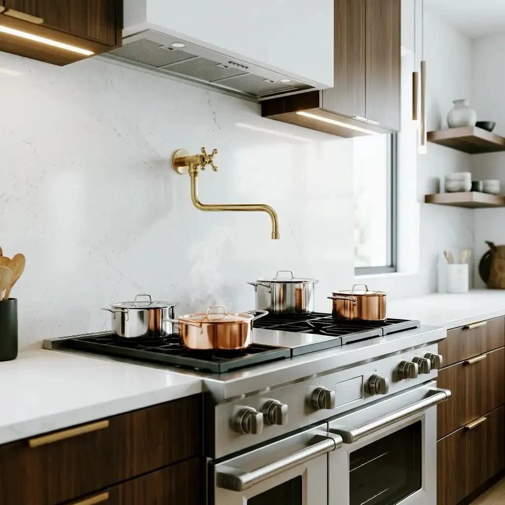 Unlacquered Solid Brass Pot Filler Faucet - Wall Mounted Kitchen Stove Pot - BRASSDORIA