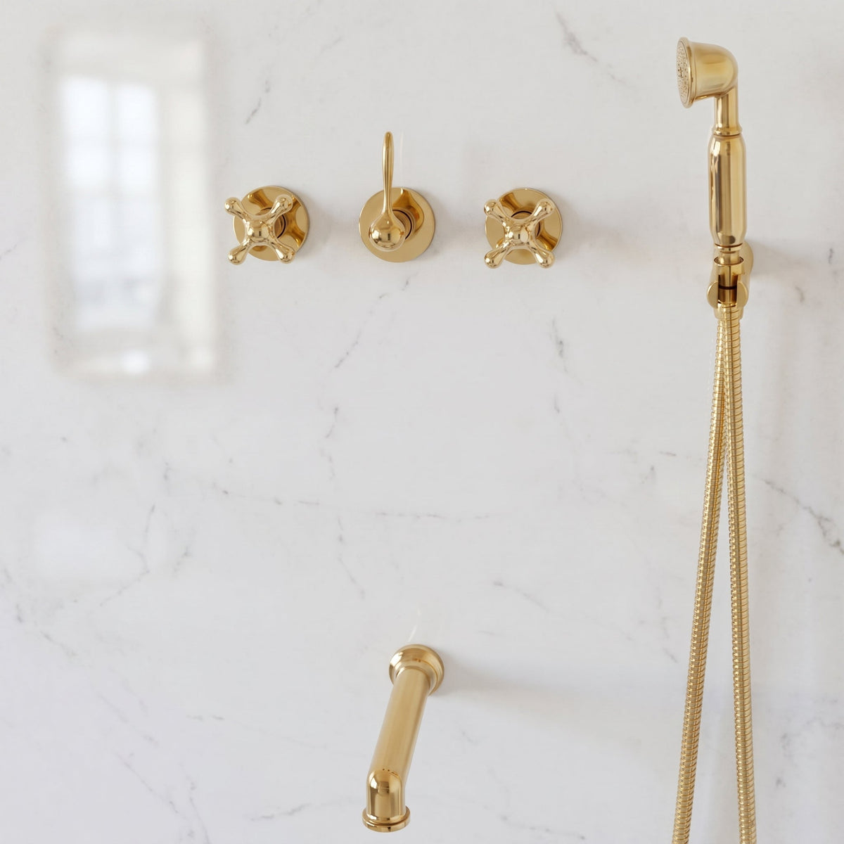 Unlacquered Solid Brass Shower System, High Pressure Curved Arm - BRASSDORIA