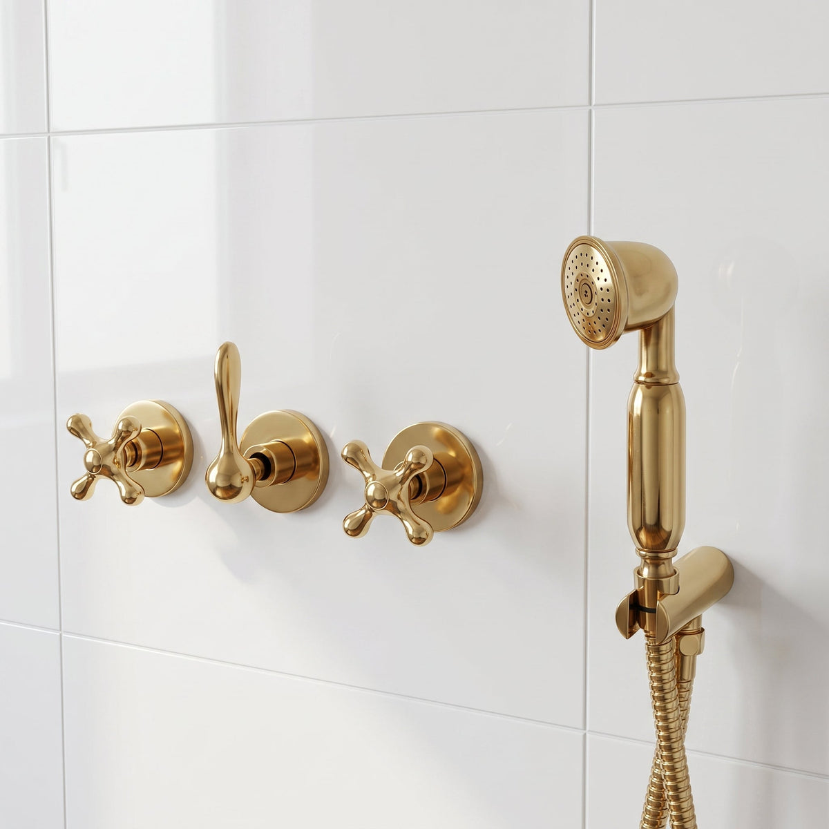 Unlacquered Solid Brass Shower System, High Pressure Curved Arm - BRASSDORIA