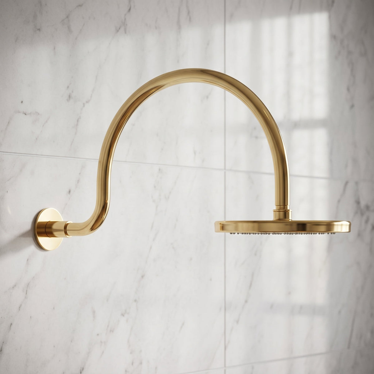 Unlacquered Solid Brass Shower System, High Pressure Curved Arm - BRASSDORIA
