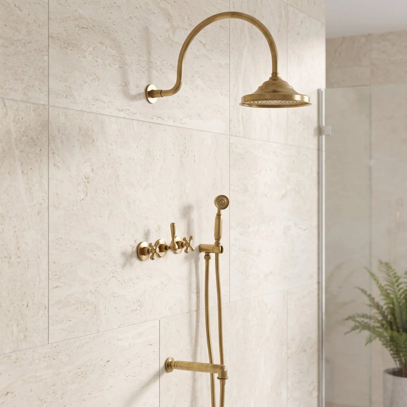 Unlacquered Solid Brass Shower System, High Pressure Curved Arm - BRASSDORIA