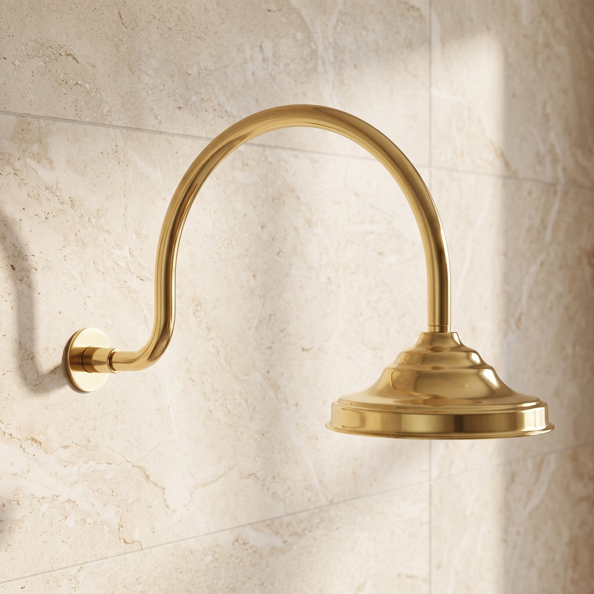 Unlacquered Solid Brass Shower System, High Pressure Curved Arm - BRASSDORIA