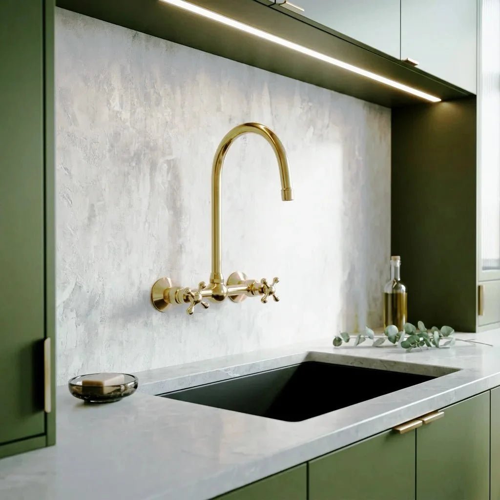 Unlacquered Wall Mounted Brass Gooseneck Faucet for Bathroom and Kitchen - BRASSDORIA