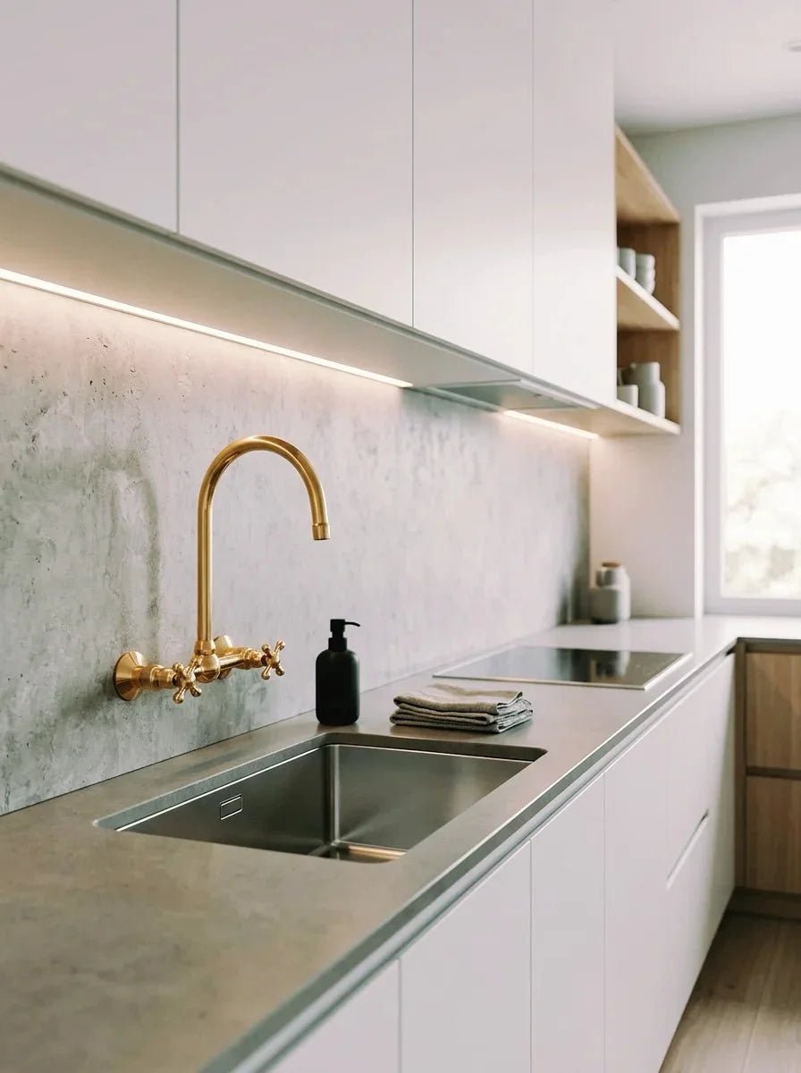 Unlacquered Wall Mounted Brass Gooseneck Faucet for Bathroom and Kitchen - BRASSDORIA
