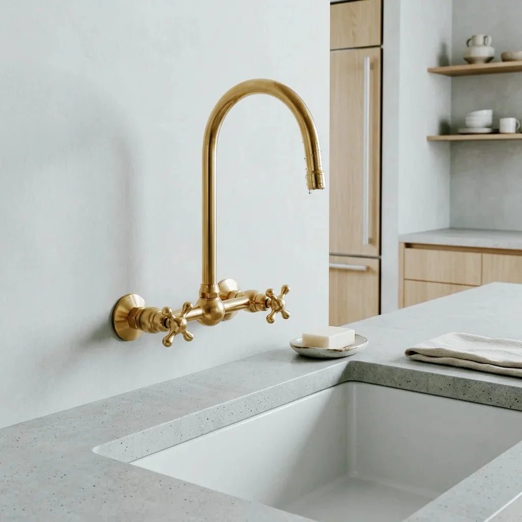 Unlacquered Wall Mounted Brass Gooseneck Faucet for Bathroom and Kitchen - BRASSDORIA