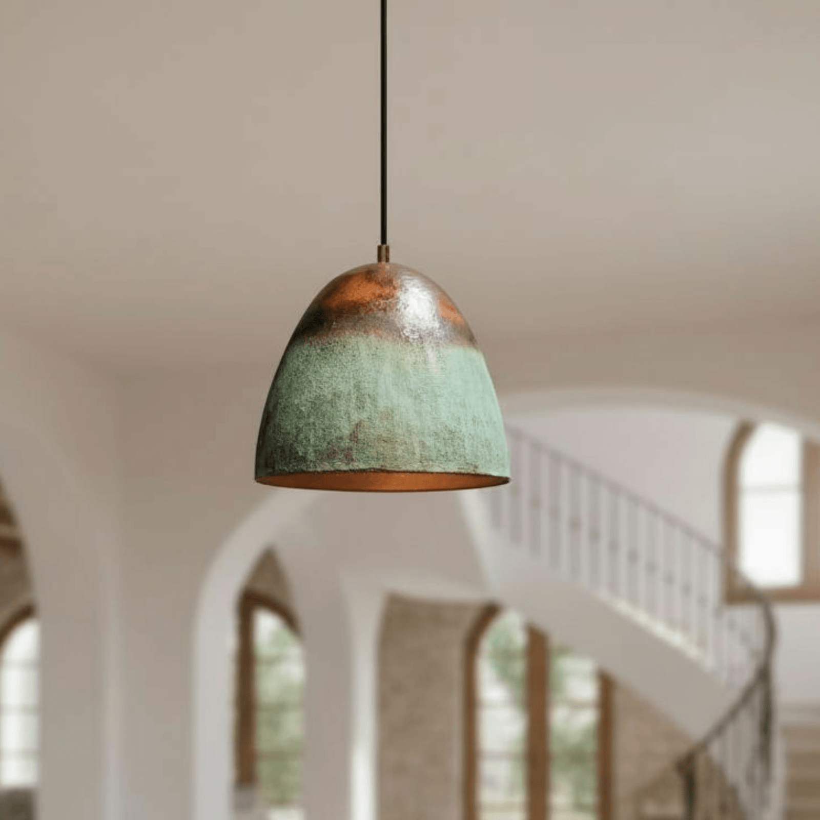 Verdigris Copper Bell Pendant – Green Patina Oxidized Ceiling Fixture - BRASSDORIA