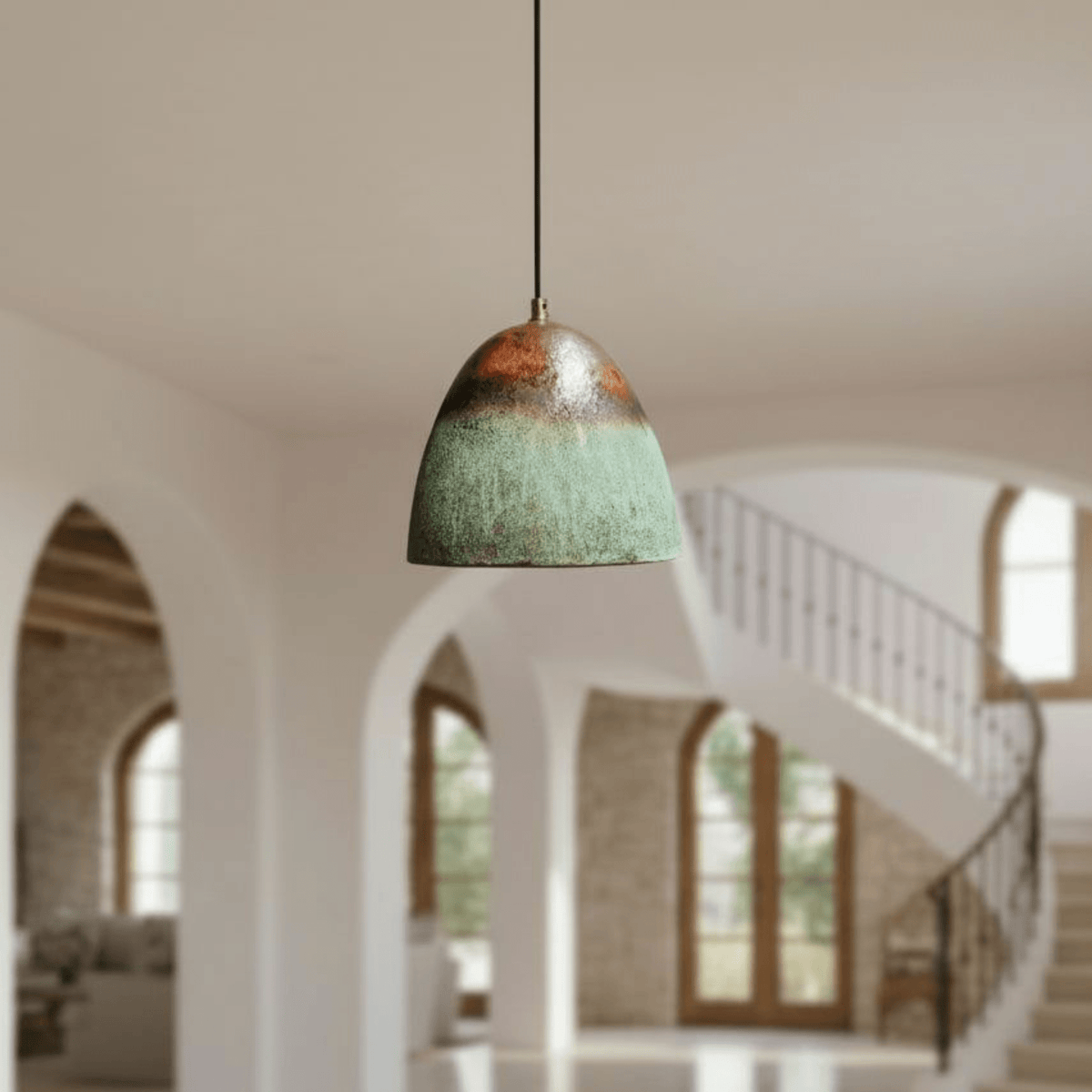 Verdigris Copper Bell Pendant – Green Patina Oxidized Ceiling Fixture - BRASSDORIA