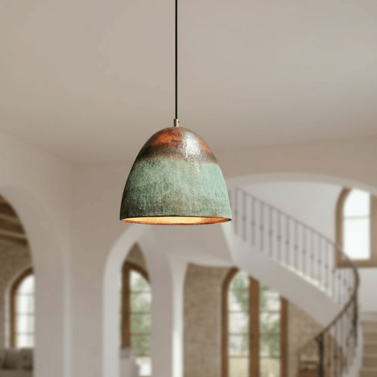 Verdigris Copper Bell Pendant – Green Patina Oxidized Ceiling Fixture - BRASSDORIA