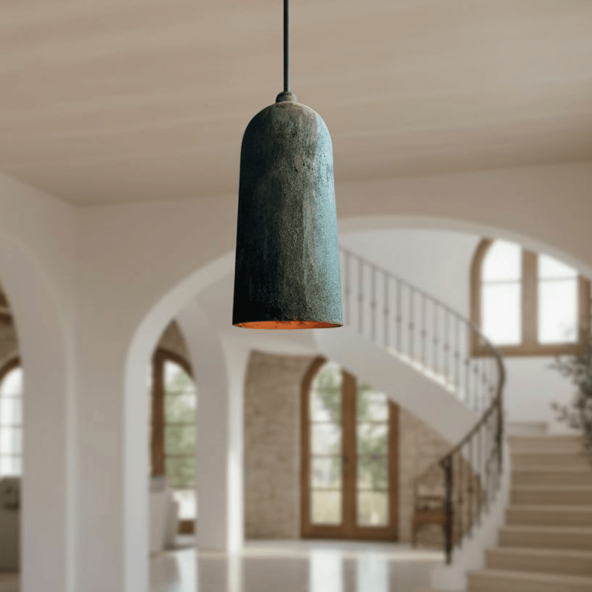 Verdigris Copper Cylinder Pendant – Long Patina Ceiling Light for Kitchens - BRASSDORIA