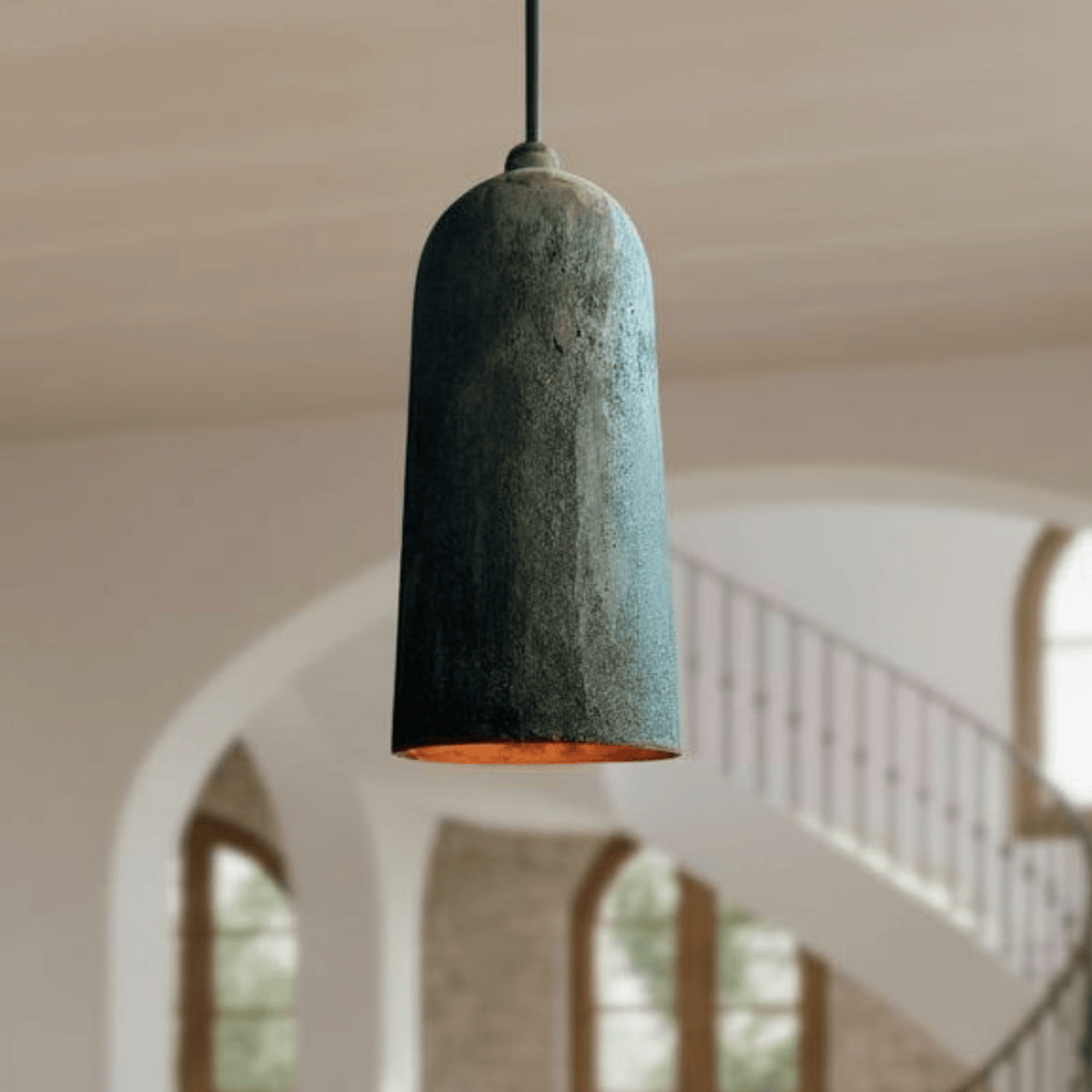 Verdigris Copper Cylinder Pendant – Long Patina Ceiling Light for Kitchens - BRASSDORIA