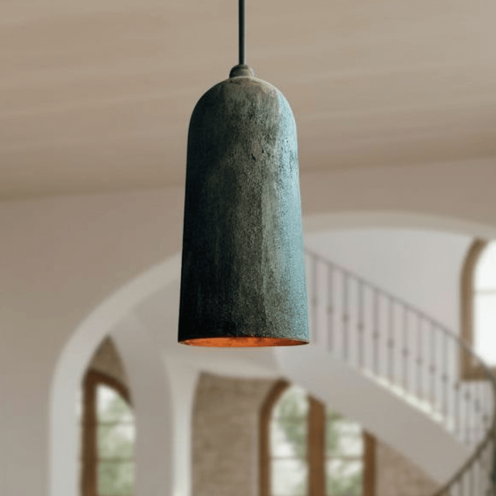 Verdigris Copper Cylinder Pendant – Long Patina Ceiling Light for Kitchens - BRASSDORIA