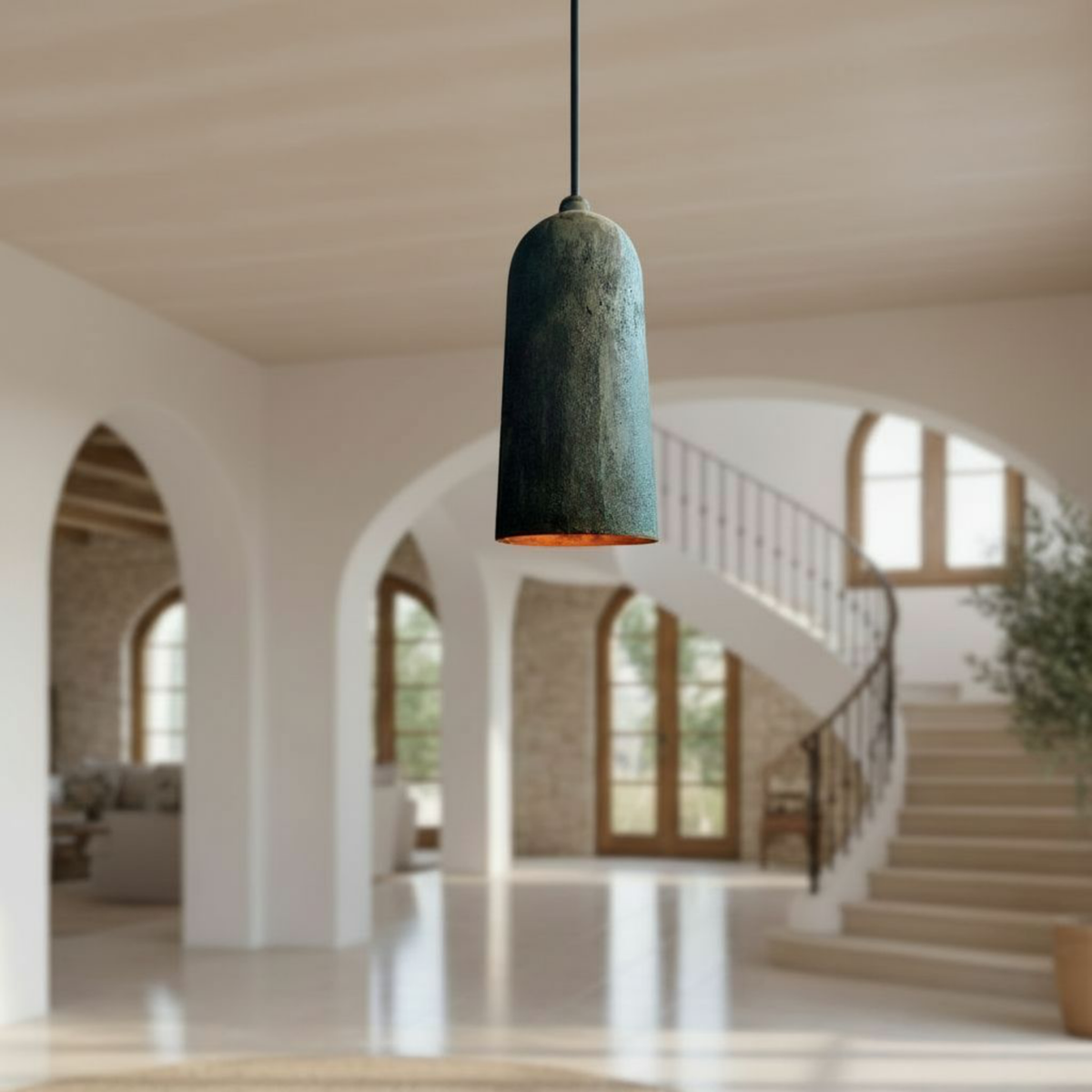Verdigris Copper Cylinder Pendant – Long Patina Ceiling Light for Kitchens - BRASSDORIA