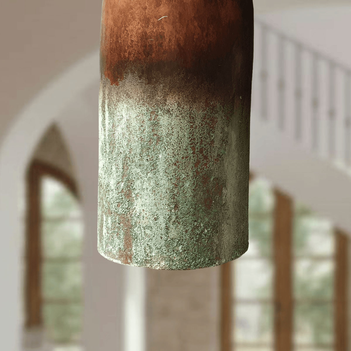 Verdigris Copper Cylinder Pendant – Tall Green Patina Ceiling Fixture - BRASSDORIA
