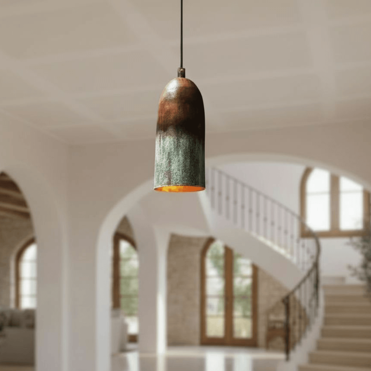 Verdigris Copper Cylinder Pendant – Tall Green Patina Ceiling Fixture - BRASSDORIA