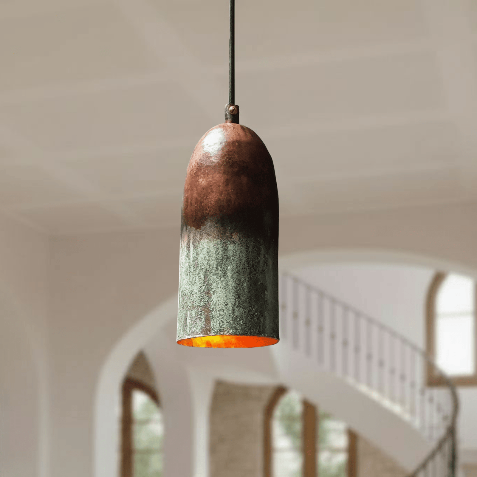 Verdigris Copper Cylinder Pendant – Tall Green Patina Ceiling Fixture - BRASSDORIA