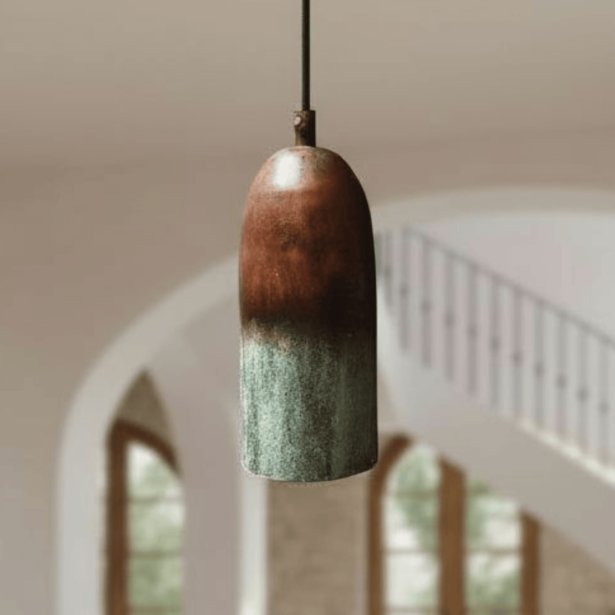 Verdigris Copper Cylinder Pendant – Tall Green Patina Ceiling Fixture - BRASSDORIA