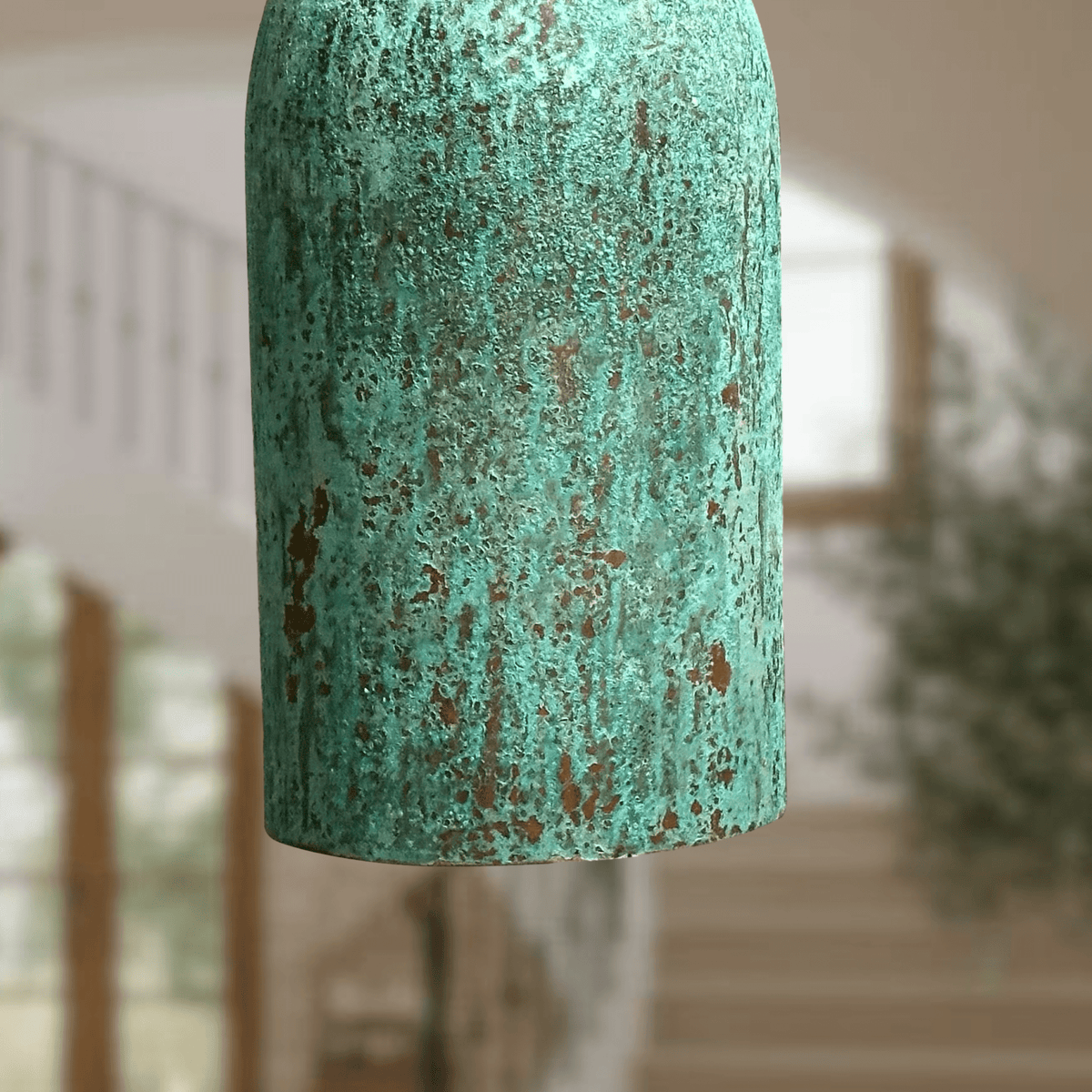 Verdigris Copper Cylinder Pendant – Tall Green Patina Light for Kitchens - BRASSDORIA