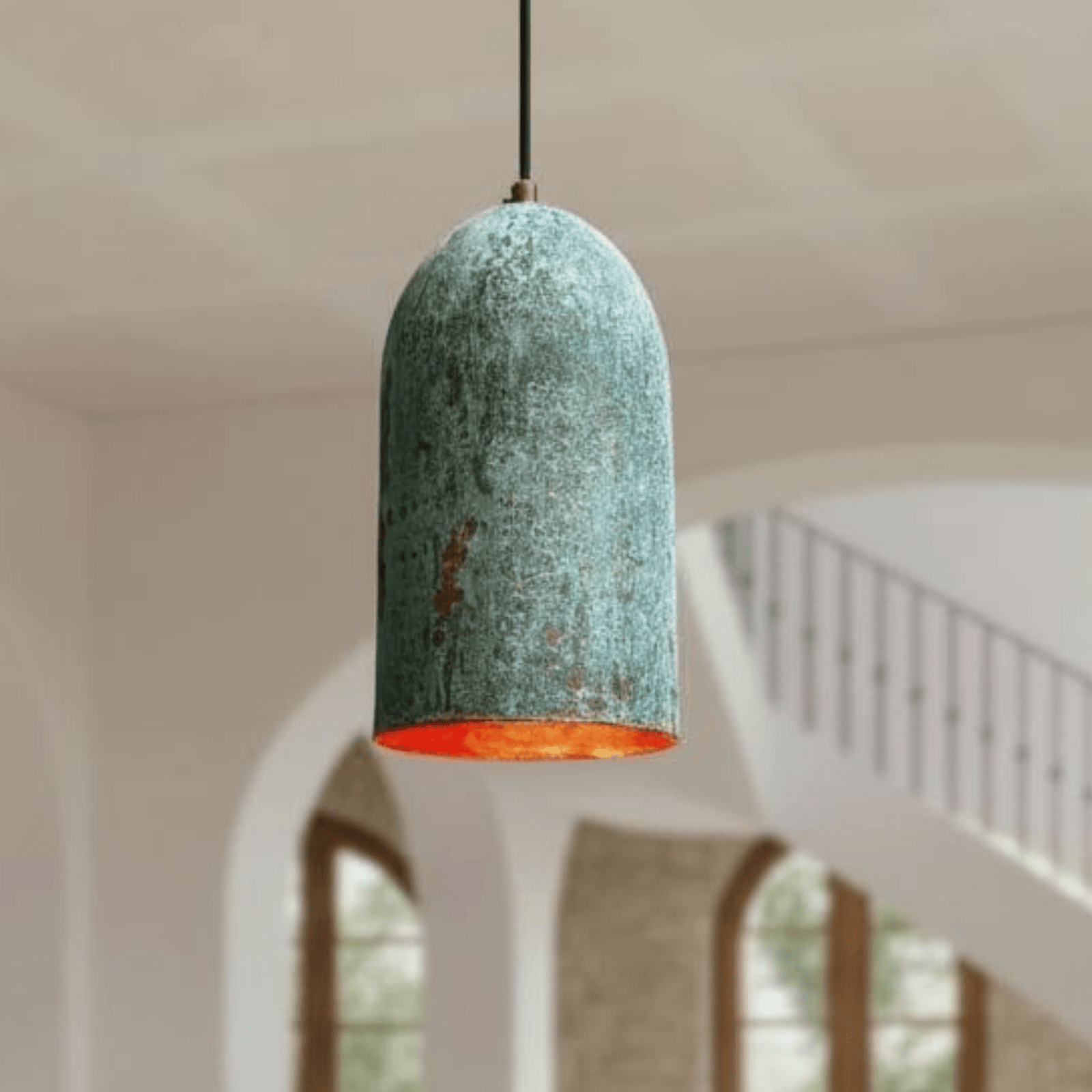 Verdigris Copper Cylinder Pendant – Tall Green Patina Light for Kitchens - BRASSDORIA
