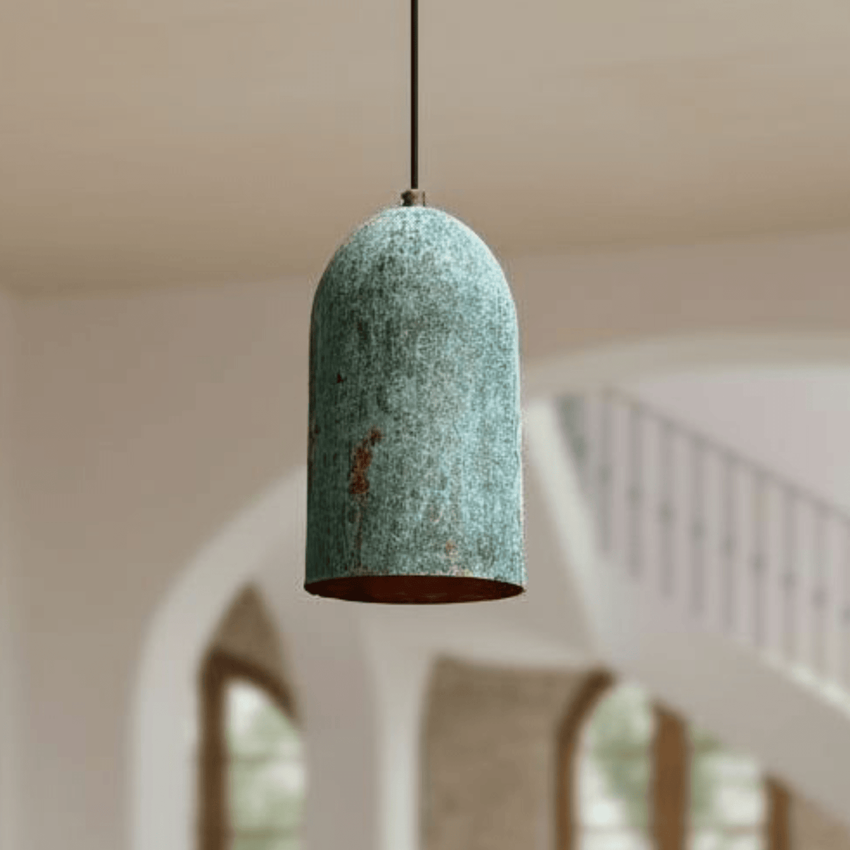Verdigris Copper Cylinder Pendant – Tall Green Patina Light for Kitchens - BRASSDORIA